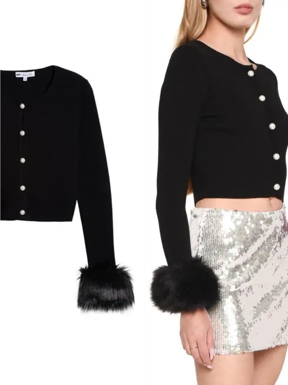 WAYF x Jourdan Sloane Faux Fur Trim Cardigan in Black